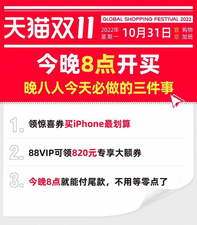 天猫双11晚上八点开抢！88VIP会员可领820元消费券，史上最低价！