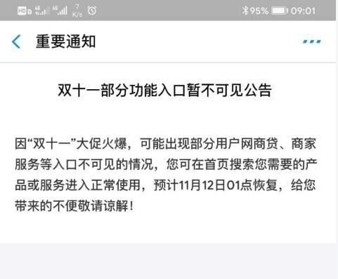 支付宝部分功能入口异常，官方发布公告通知用户