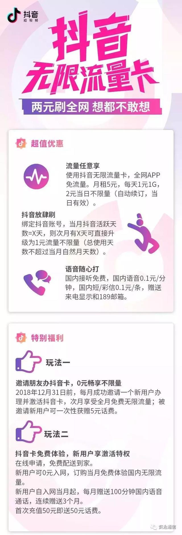 中国电信联合抖音推出无限流量联名卡，每日仅需2元即可畅游全网！