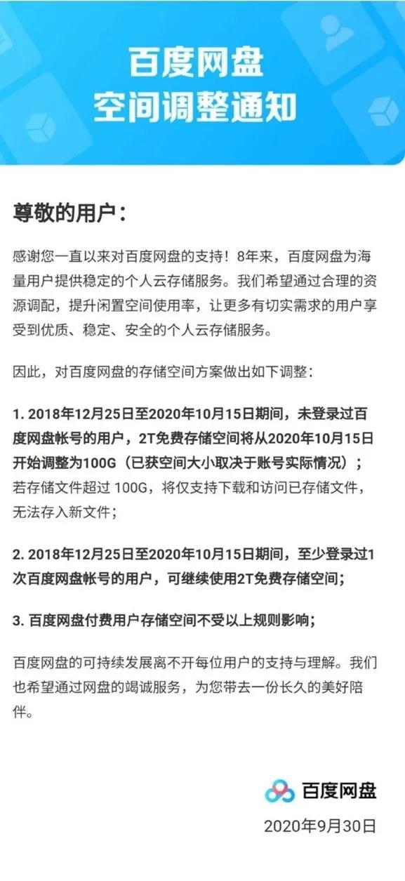 百度网盘官方宣布：空间存储调整，未登录账户2T减少至100G