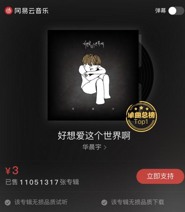 华晨宇刷新数字单曲销量纪录，登全网第一！《好想爱这个世界啊》在网易云音乐热销1100万！