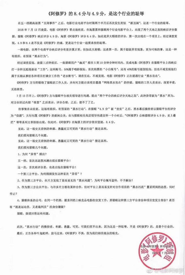 《阿修罗》猫眼淘票票评分之争，数据揭秘！