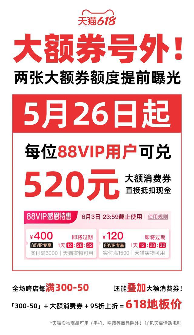 天猫618预售于26日晚8点开启，88VIP大额消费券将于9点发放